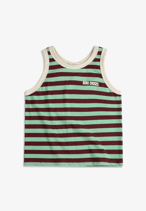 Débardeur pour enfants sans manches avec des rayures horizontales vertes et rouge foncé, bordure crème, et texte "BOBO CHOSES" sur la poitrine.
