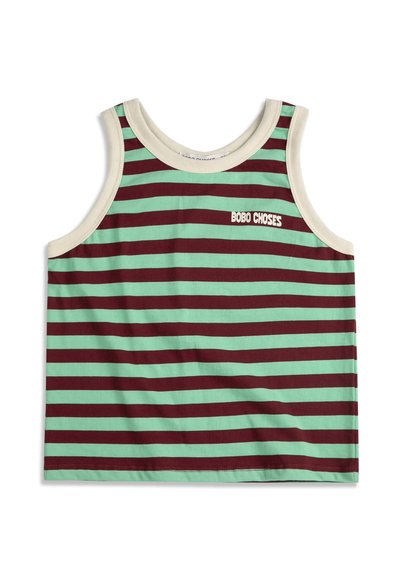 Débardeur pour enfants sans manches avec des rayures horizontales vertes et rouge foncé, bordure crème, et texte "BOBO CHOSES" sur la poitrine.