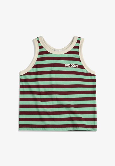 Débardeur pour enfants sans manches avec des rayures horizontales vertes et rouge foncé, bordure crème, et texte "BOBO CHOSES" sur la poitrine.