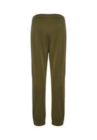 Olive green jogger pants made of soft fabric, featuring an elastic waistband and cuffed hems, providing a comfortable fit.
