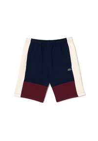 Pánské sportovní šortky v barevném provedení námořnické modré, burgundy a bílé s elastickým pasem a malým zeleným logem na pravém stehně.