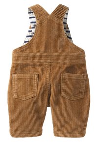 Bruine corduroy tuinbroeken met gestreepte stof die uit de banden komt, voorzien van twee achterzakken en een eenvoudig, klassiek ontwerp.