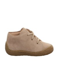 Beige Wildlederschuh für Kinder mit Schnürdesign, runder Zehenform und strukturiertem Gummisohle. Verfügt über eine Steppnaht auf dem Obermaterial.