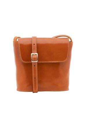 Borsa a tracolla in pelle marrone chiaro con parte frontale piatta, chiusura a fibbia e bordatura cucita. Dotata di una tracolla per un facile trasporto.