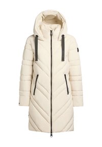 Giacca piumino color crema, caratterizzata da un motivo a zig zag, cappuccio, due tasche anteriori con zip e cinghie grigie di accento. Chiusura con zip sulla parte anteriore.