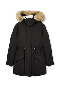 Czarna parka z kapturem obszytym futrem, z regulowanym w pasie oraz dwoma przednimi kieszeniami. Wykonana z gładkiego, izolowanego materiału z ciepłą podszewką.