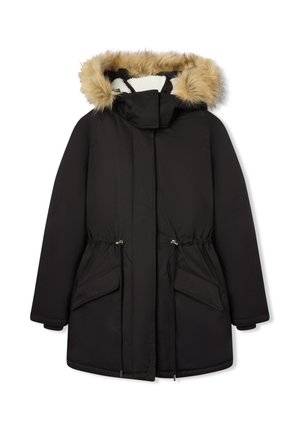 Czarna parka z kapturem obszytym futrem, z regulowanym w pasie oraz dwoma przednimi kieszeniami. Wykonana z gładkiego, izolowanego materiału z ciepłą podszewką.