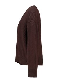 Tummanruskea neulepaita, jossa on ribattua tekstiä, leveä pyöreä kaula-aukko ja laskeutuvat olkapäät. Ominaisuuksiin kuuluu rento istuvuus ja suora helma.