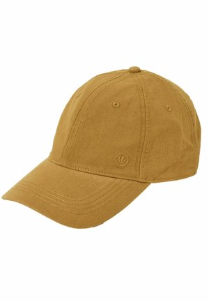 Brown cotton baseball cap with curved brim and stitched panel design, featuring a small circular logo on the front left side.
