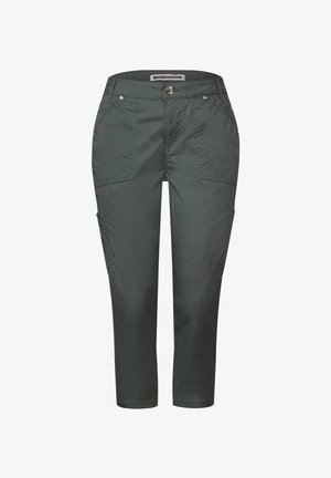 Ciemnozielone spodnie cargo z czterema kieszeniami, z suwakiem oraz zapięciem na guzik. Wykonane z lekkiej tkaniny, zaprojektowane z myślą o komforcie i funkcjonalności.