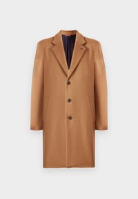 Cappotto di lana color cammello a monopetto con tre bottoni, colletto a punta e tasche laterali, esposto su uno sfondo bianco.