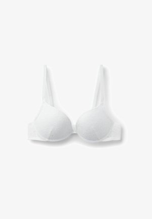 Reggiseno in pizzo bianco con coppe sagomate, spalline regolabili e texture liscia. Un motivo floreale distintivo aggiunge dettaglio al tessuto.