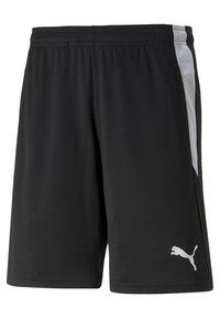 Zwarte sportshorts van gladde stof, met witte mesh zijpanelen, een elastische tailleband en een klein logo op het onderbeen.