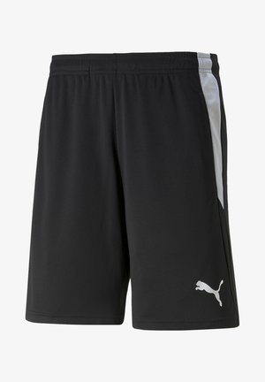 Zwarte sportshorts van gladde stof, met witte mesh zijpanelen, een elastische tailleband en een klein logo op het onderbeen.