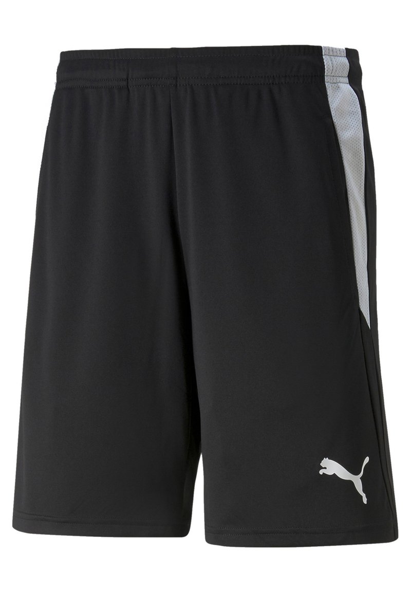 Zwarte sportshorts van gladde stof, met witte mesh zijpanelen, een elastische tailleband en een klein logo op het onderbeen.