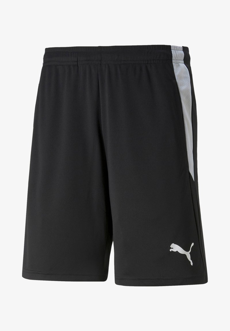 Zwarte sportshorts van gladde stof, met witte mesh zijpanelen, een elastische tailleband en een klein logo op het onderbeen.