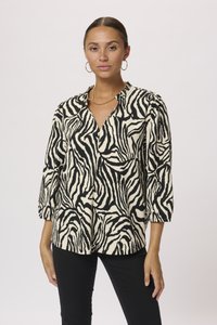 Zebraprint blouse in zwart-wit met een kraag, driekwart mouwen, een structuurlakens en een relaxte pasvorm.