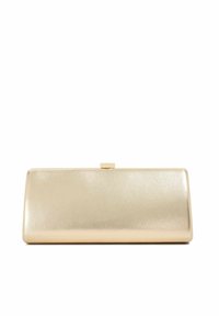 Gold metallic clutch, rectangular shape, smooth texture, featuring a flat closure with a small hardware tab, minimalistic design.