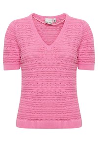 Różowy sweter z krótkim rękawem i dekoltem w serek, z teksturowanym wzorem dzianiny oraz prążkowanym dołem i mankietami rękawów.