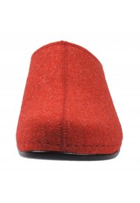 Red wool felt slipper with visible stitching, rounded toe, and black sole, shown from front view on white background.