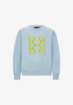 Felpa azzurra chiara con logo giallo testurizzato che presenta lettere sovrapposte R e H. Ha un colletto rotondo e polsini a coste.