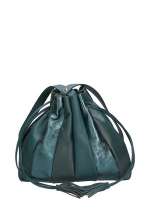 Teal leather drawstring bag with pleated texture, metallic accents, and tassel detail. Rounded shape and shoulder straps for carrying.