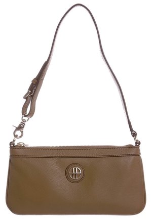 Brown leather wristlet bag with textured surface, zipper closure, adjustable strap, and a circular metal logo on the front center.