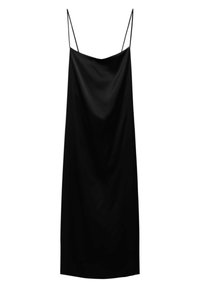 Robe noire en satin, avec des bretelles fines et une coupe décontractée. Présente un design drapé qui renforce son allure minimaliste.