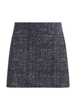 Sort mini nederdel med høj talje og abstrakt gittermønster i hvide, lilla og blå rektangulære linjer.