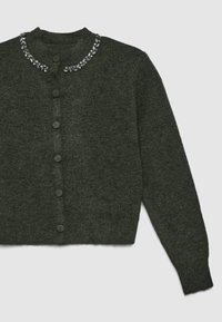 Cardigan verde scuro con scollo rotondo, colletto decorato con perline e sette bottoni sul davanti. Tessuto lavorato a maglia testurizzato, maniche lunghe.