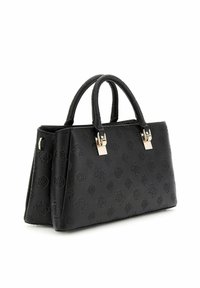 Borsa a mano nera in pelle con motivo floreale embossato, due manici superiori e un design strutturato con chiusure metalliche. Superficie testurizzata.