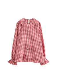 Red and white gingham long-sleeve shirt with a Peter Pan collar, button front, and ruffled cuffs. Cotton fabric, textured pattern.