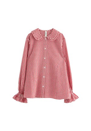 Red and white gingham long-sleeve shirt with a Peter Pan collar, button front, and ruffled cuffs. Cotton fabric, textured pattern.