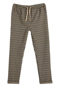 Bruine en beige houndstooth patroon broeken met een elastische taille en koordje, voorzien van twee voorzakken en taps toelopende benen.
