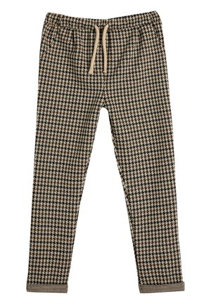 Bruine en beige houndstooth patroon broeken met een elastische taille en koordje, voorzien van twee voorzakken en taps toelopende benen.