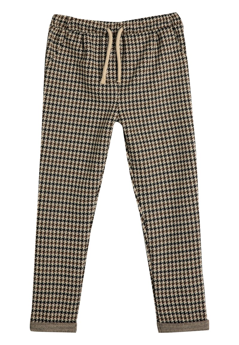 Bruine en beige houndstooth patroon broeken met een elastische taille en koordje, voorzien van twee voorzakken en taps toelopende benen.