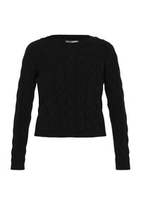 Maglione nero a maglia con maniche lunghe e scollo rotondo. Motivo testurizzato e dettagli sui bottoni alle spalle. Lunghezza cropped.