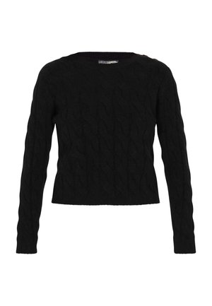 Čierny sveter z pleteniny s dlhými rukávmi a okrúhlym výstrihom. Textúrovaný vzor a jemný detail gombíka na pleci. Skrátená dĺžka.