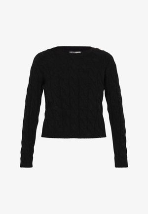 Čierny sveter z pleteniny s dlhými rukávmi a okrúhlym výstrihom. Textúrovaný vzor a jemný detail gombíka na pleci. Skrátená dĺžka.