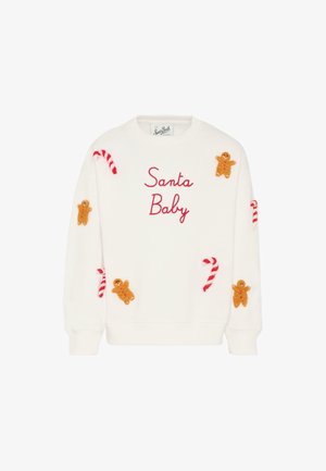 Sweatshirt blanc avec "Santa Baby" brodé en rouge. Présente des appliqués en pain d'épice et en canne en sucre en marron et rouge, avec des poignets côtelés.