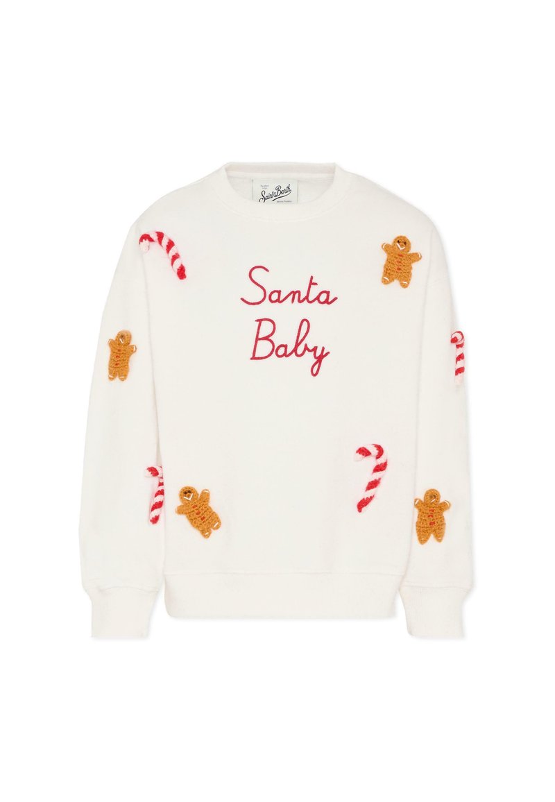 Witte sweatshirt met "Santa Baby" geborduurd in het rood. Bevat gingerbread man en suikerriet appliqués in bruin en rood, met ribgebreide manchetten.