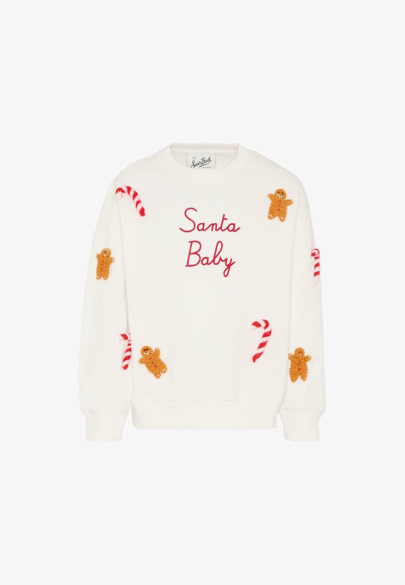 Biała bluza z napisem "Santa Baby" haftowanym na czerwono. Posiada aplikacje w kształcie piernikowego ludzika oraz laski cukrowej w kolorze brązowym i czerwonym, ściągacze na rękawach.