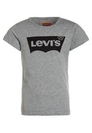 Grå T-shirt med korte ærmer og sort Levi's-logo centreret på brystet, med rund halsudskæring og lige kant.
