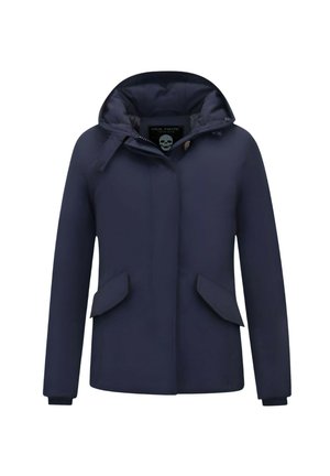 Marineblauwe gewatteerde jas met capuchon, ritssluiting aan de voorkant, klepzakken, lange mouwen en een zachte, gevoerde binnenkant voor extra warmte.