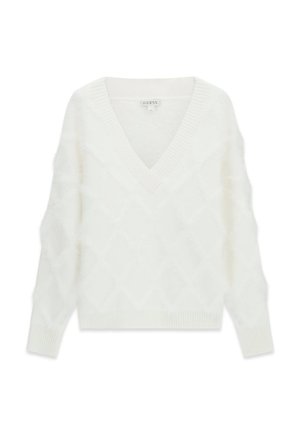 Biały sweter z dekoltem w serek o miękkiej, puszystej fakturze, z wzorem w romby oraz ściągaczami na mankietach i dole. Metka marki: Guess.
