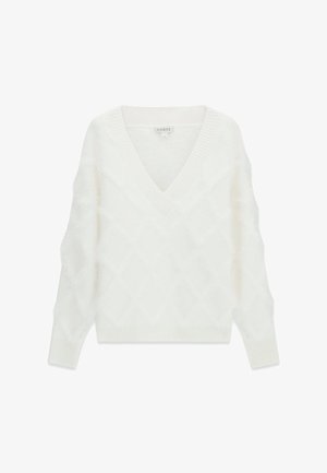 White V-neck sweater with a fuzzy texture, featuring a diamond pattern and ribbed cuffs and hem. Brand label: Guess.