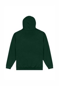 Pullover verde scuro con una vestibilità regolare, maniche lunghe e orlo a coste. Tessuto morbido e cappuccio sul retro. Nessun motivo o dettaglio visibile.