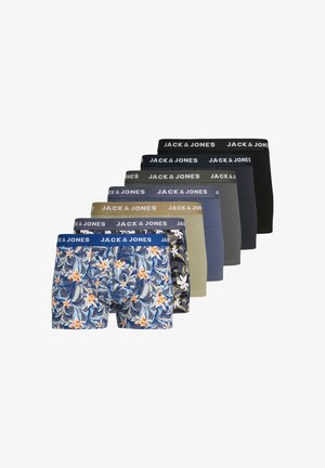Huit paires de boxers présentant diverses couleurs et motifs, y compris des motifs floraux, avec des ceintures élastiques étiquetées "JACK & JONES."