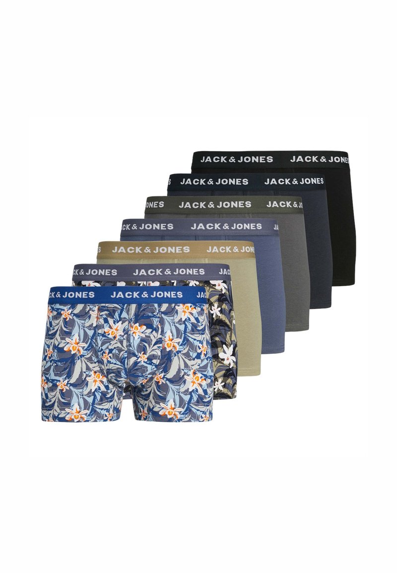 Aštuonios poros šortų su įvairiomis spalvomis ir raštais, įskaitant gėles, su elastingomis juostomis, pažymėtomis "JACK & JONES".