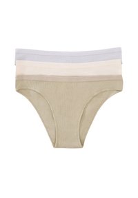 Drie paar geribde katoenen slips in beige, lichtgrijs en huidtinten, met zachte elastische taillebanden en een naadloos ontwerp.